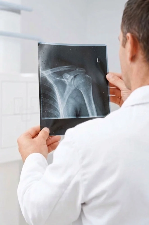 врач держит рентгеновский снимок плечевого сустава